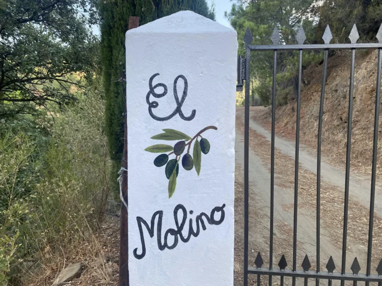 The image shows a white stone pillar with the words "El Molino" painted on it. There's also an illustration of olive branches with leaves and olives next to the text. In the background, there appears to be a dirt road and greenery, suggesting a rural or natural setting. The pillar is part of a gate leading to a path.